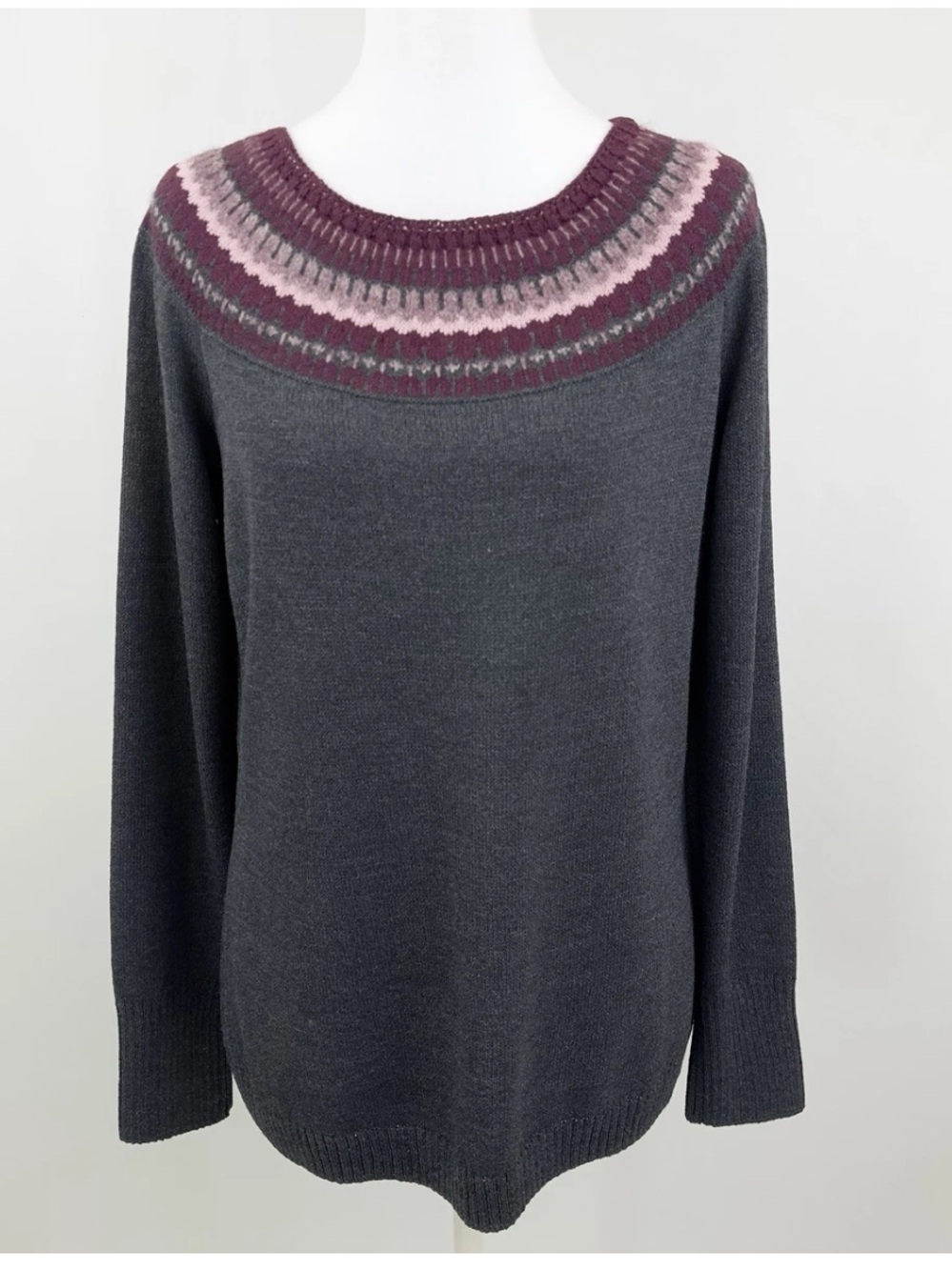 St John Sport Marie Gray Fair Isle Wool Blend Sweater Gray Pink Petite P